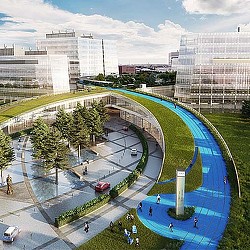 A large swimming pool in a city.