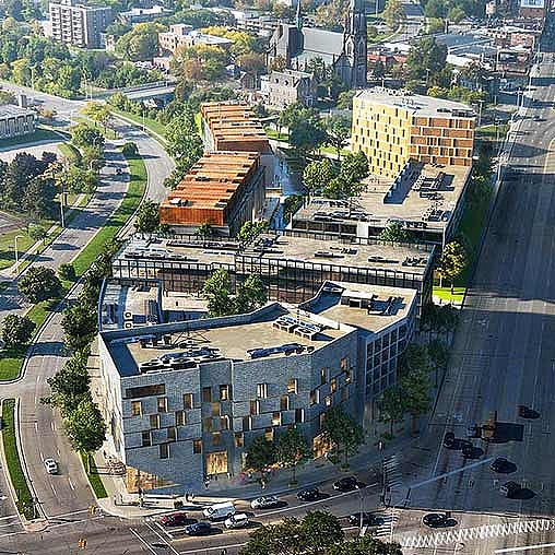 Aerial view of a large building.