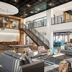 A modern looking living room with a staircase.