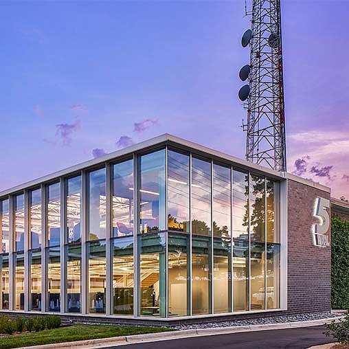 A building with glass windows.