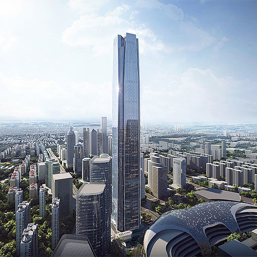 A tall building in a city.