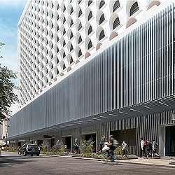 A building with a glass front.