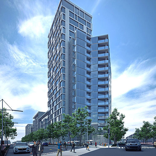A tall building with many windows.