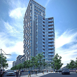 A tall building with many windows.