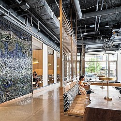 The Link lobby with mosaic wall art