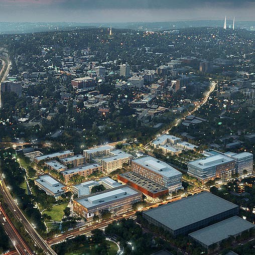 An aerial view of a city.