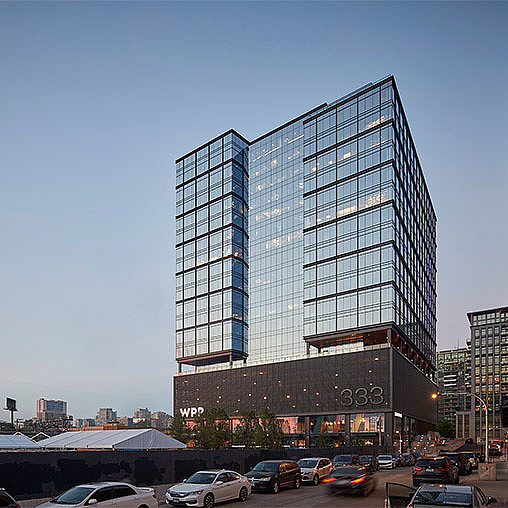 A large glass building.
