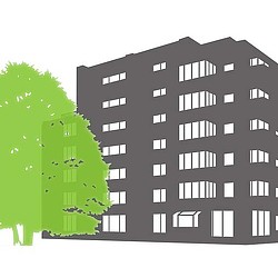 A black and white drawing of a house.