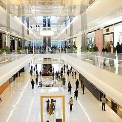 A high angle view of a shopping mall.