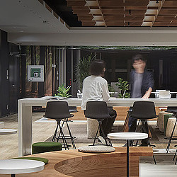 A few people sitting at a table.