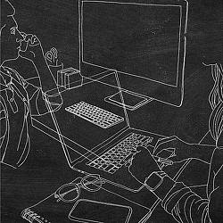 A black and white drawing of a man and a woman.