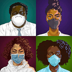 A collage of a person wearing a mask.