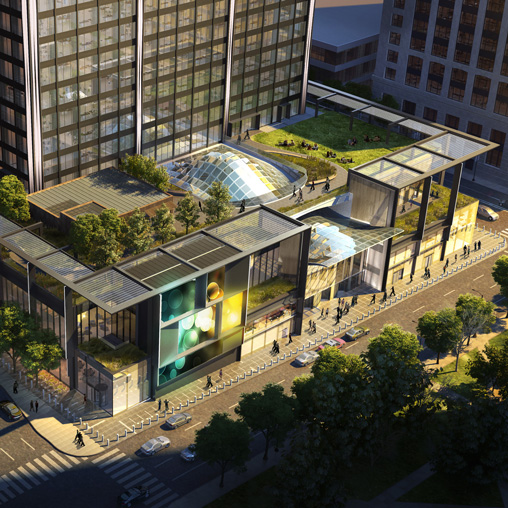 A high angle view of a building.