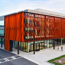 A building with a glass front.
