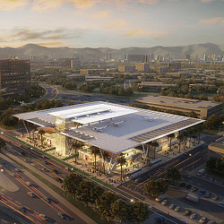 A large building with a parking lot.