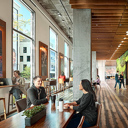 People sitting at tables in a restaurant.
