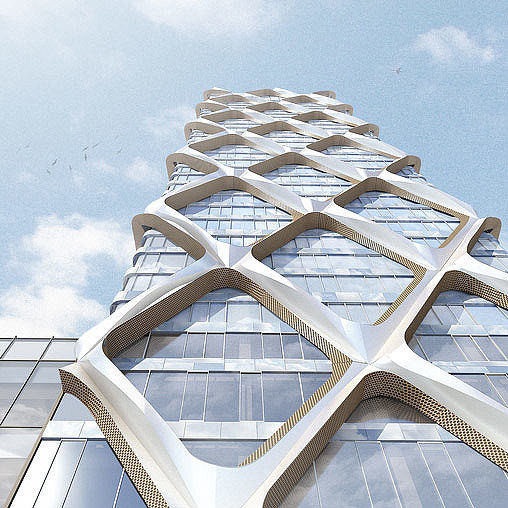 A tall building with a glass front.