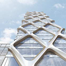 A tall building with a glass front.