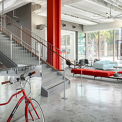 A bicycle parked in a room.