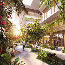A street with people and buildings.