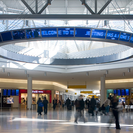 A group of people in a large building.