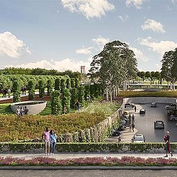 A group of people walking around a park.