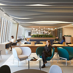 A group of people sitting at tables.