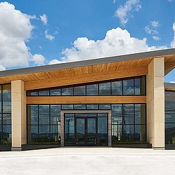 A building with glass windows.