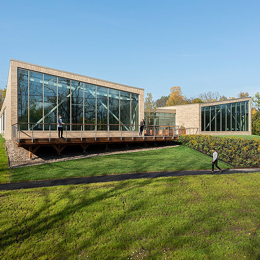 A building with glass windows.