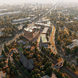 An aerial view of a city.