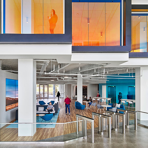 A group of people in a building.