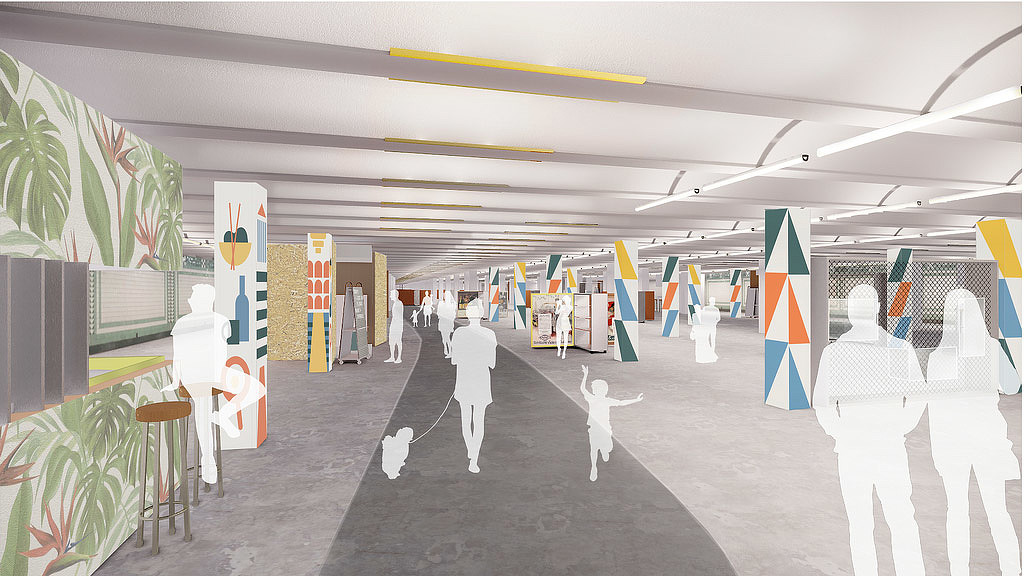 A group of people in white outfits walking in a hallway with flags.