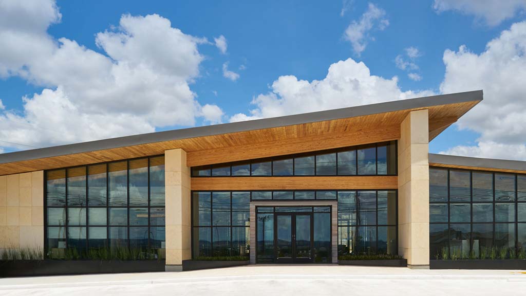 A building with glass windows.