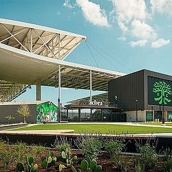 A large building with a covered area.