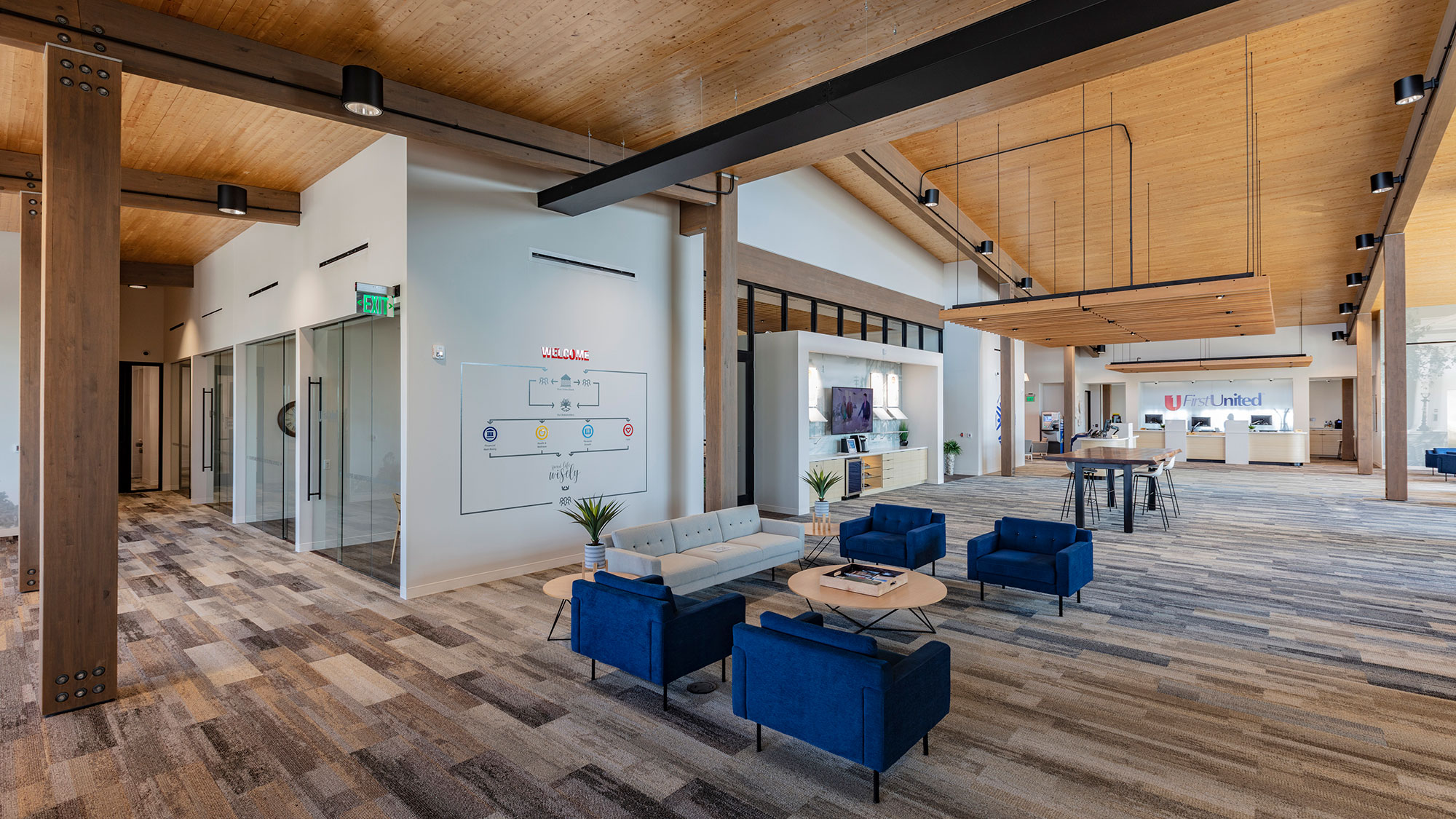 The interior of a bank in Oklahoma using mass timber