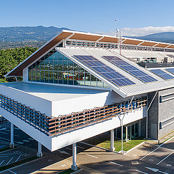 A building with glass walls.