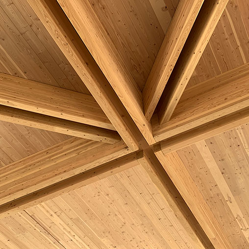 Mass timber building frame close-up.