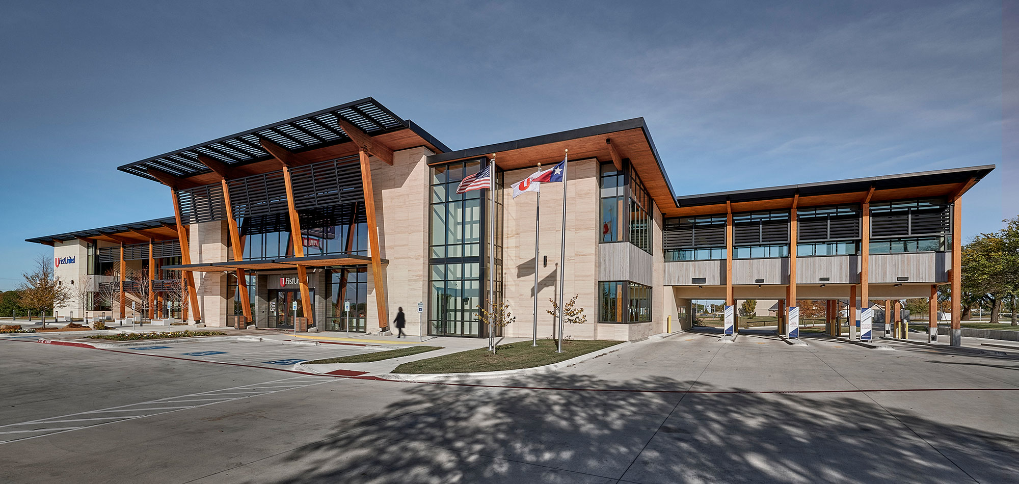 The exterior of a retail bank using mass timber in Sherman, Texas.