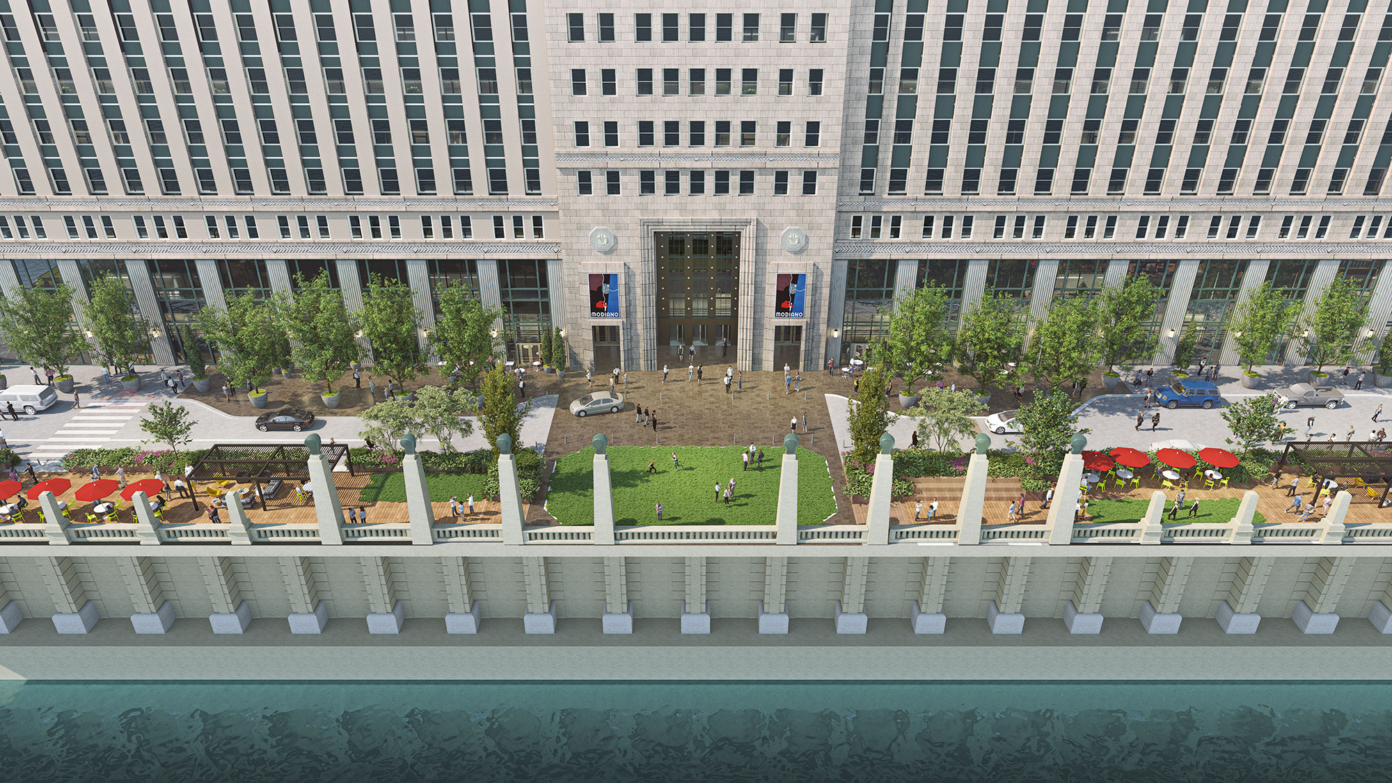 A building with a pool and trees in front of it.
