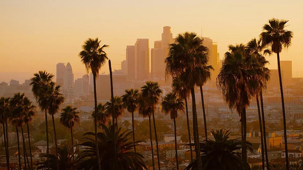 Downtown LA cityscape with palm trees at sunset. Credit Unsplash/Cedric Letsch