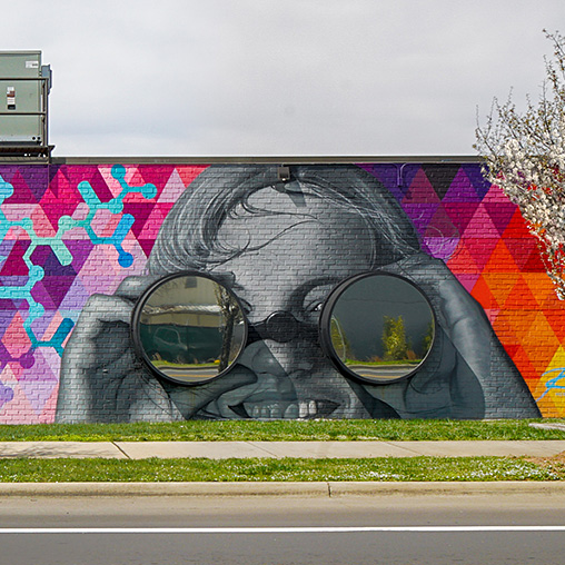 CBI Art Wall public mural of face with 3D binoculars