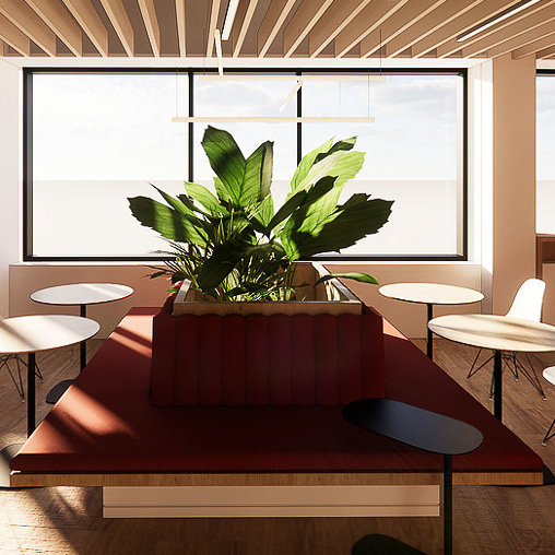 A plant in a pot on a red couch in a room with tables and chairs.