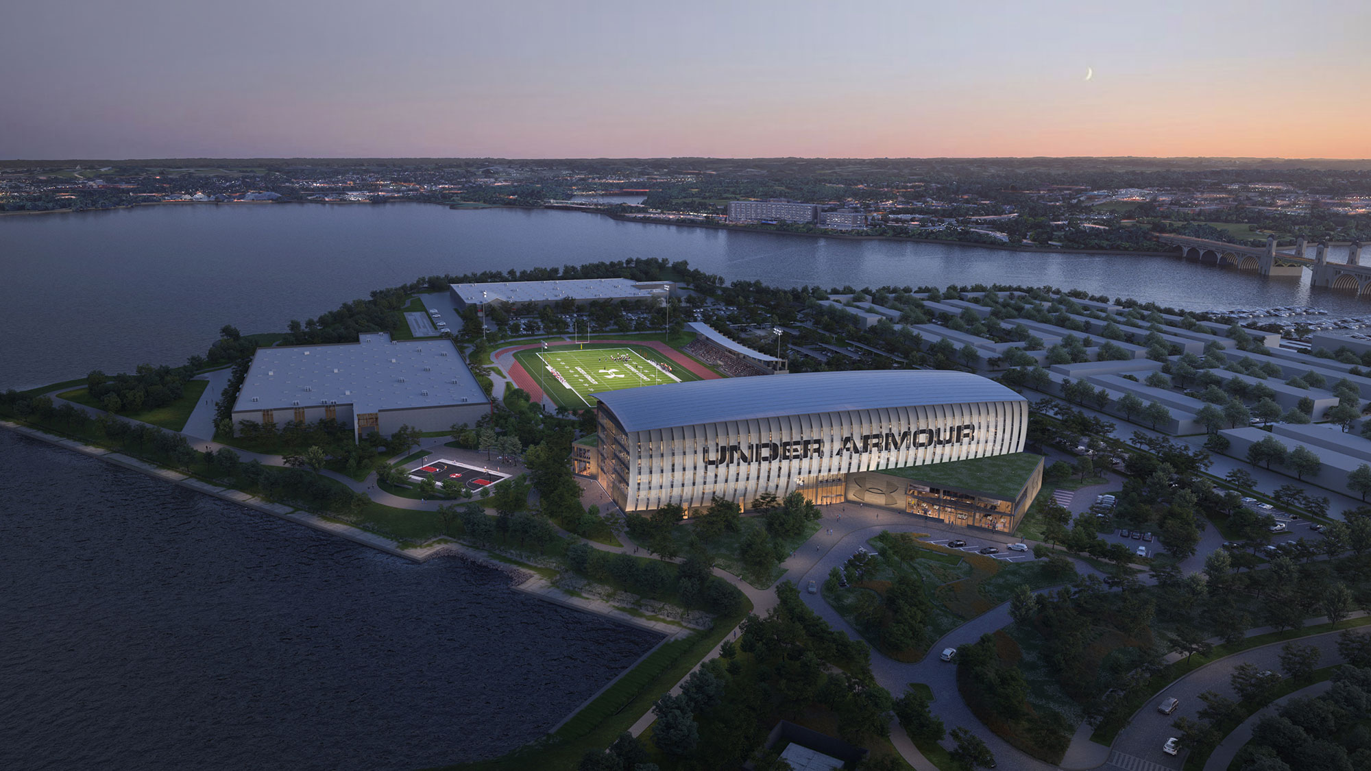 An aerial view of Under Armour's headquarters building at night.