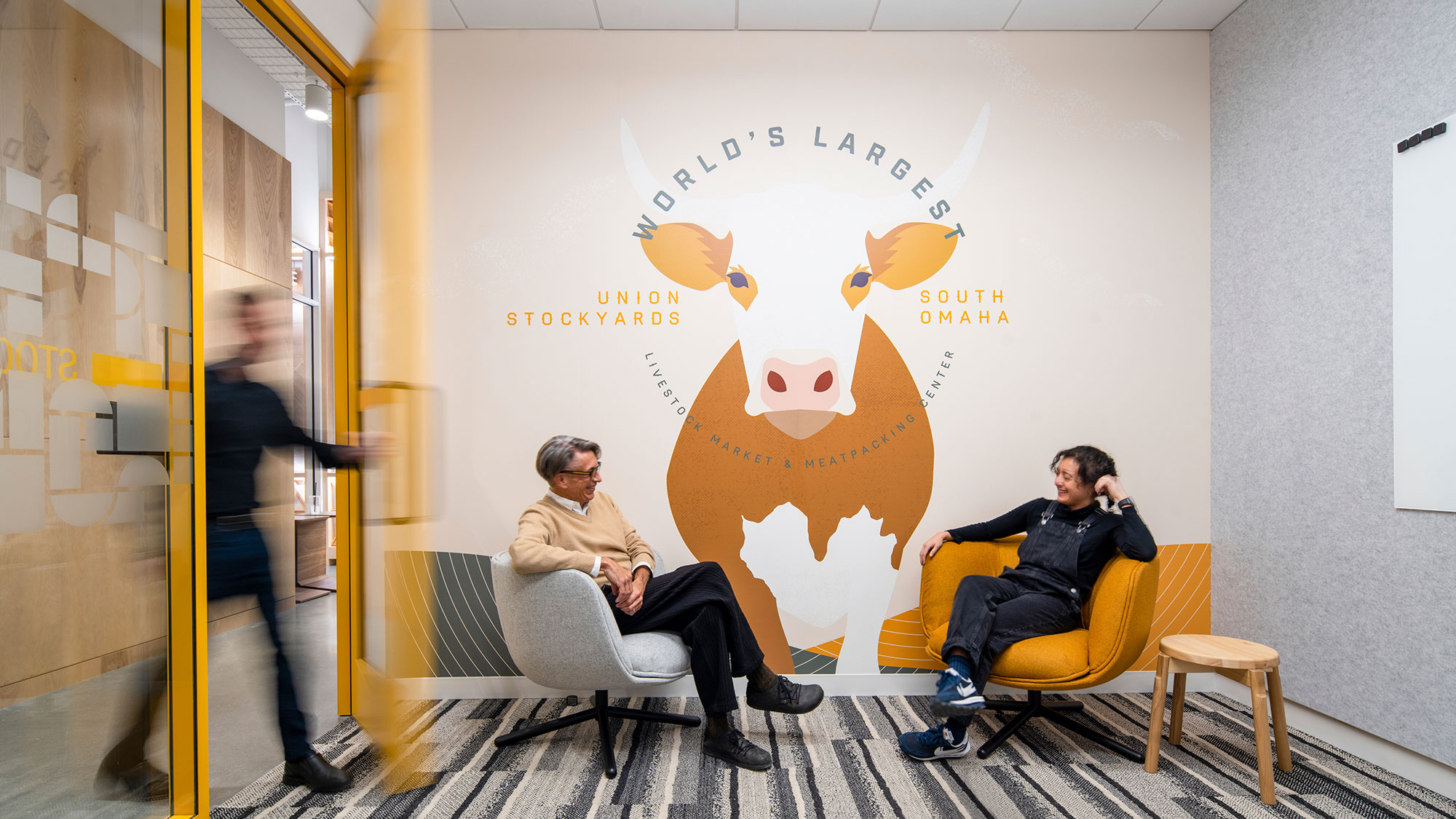 Environmental graphics inside a company workplace.