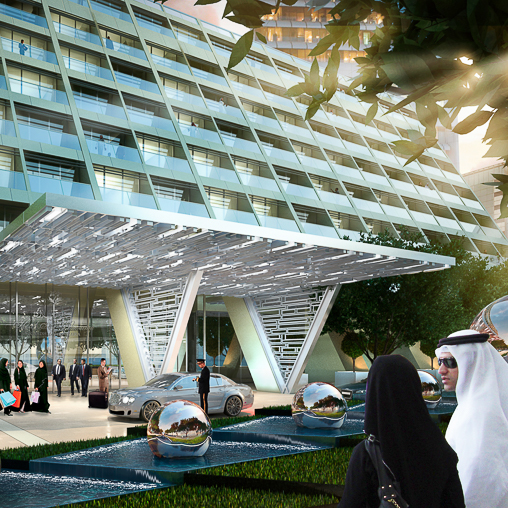 A large glass building with a large glass front and a group of people.