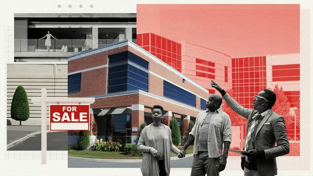 Composite of realtor showing buildings to a couple. Credit: Getty Images and Realtor.com.