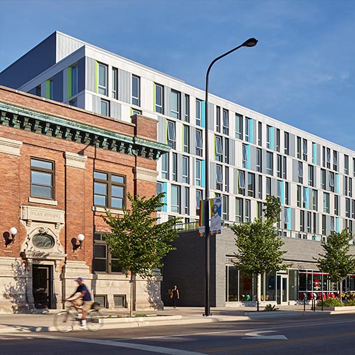 Town Hall Apartments in Chicago exterior street view.