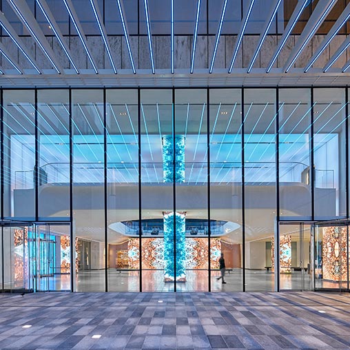 AT&T Discovery District lobby entrance with LED video and mood lighting.