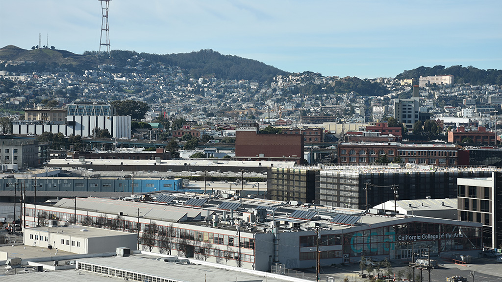 California College of the Arts (CCA) aerial city view.