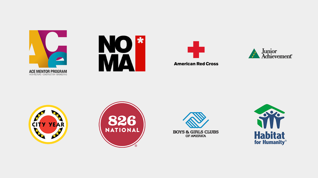 Logos: ACE Mentor Program, City Year, NOMA, 826 National, American Red Cross, Boys & Girls Club of America.